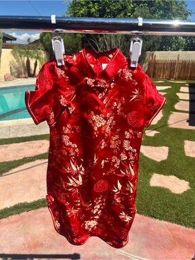 Girls' Red Floral Satin Cheongsam Dress - Traditional Formal